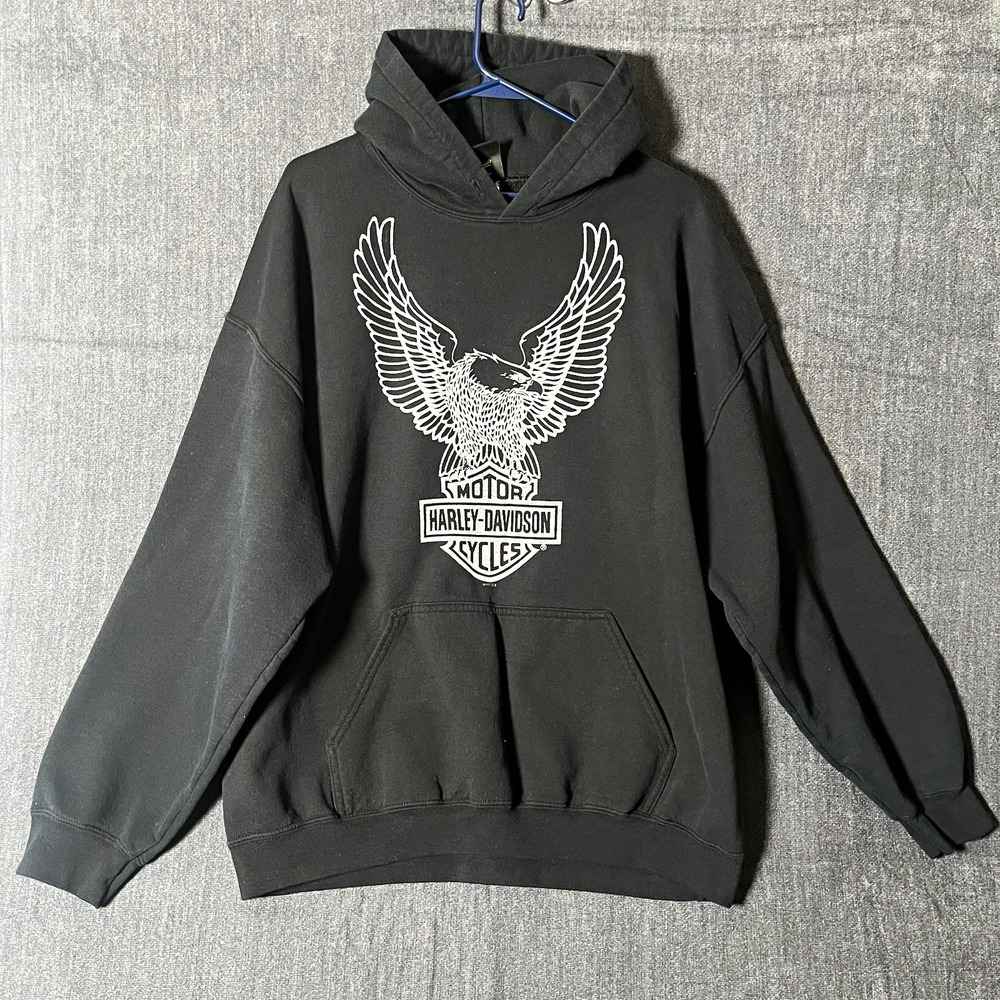 Harley Davidson Mens XL Black Fleece Pullover Hoodie Pockets WI (No Drawstring)